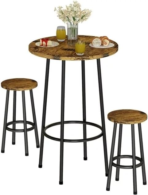 3 Pieces Round Kitchen Table with 2 Stools Bar Table Set Hooseng