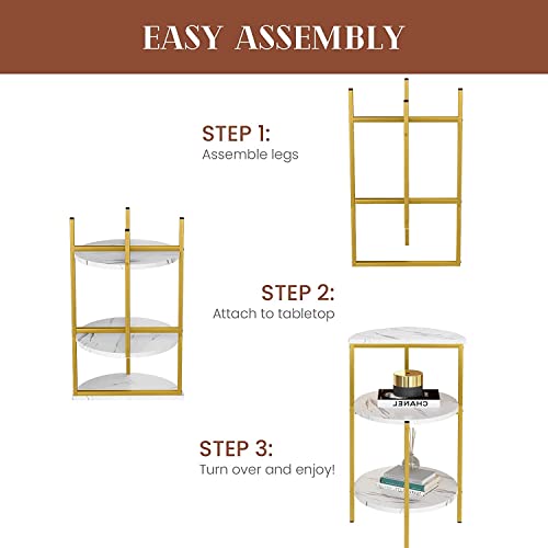 Lamerge White and Gold End Table, 3-Tier Faux Marble Side Table Small Round Coffee Table w/Metal Frame,Bedside Tables Nightstand for bedroom, Small Spaces