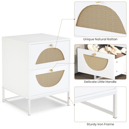 Lamerge Rattan Nightstand, Boho Bediside Table with 2 Storage Drawer, Cane Accent Bedside End Side Table with Metal Legs for Bedroom, Living Room and Small Spaces, White