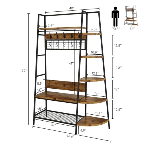 Lamerge Coat Rack Stand with Storage, Multifunctional Entryway Shelf Organizer with 10 Hooks and 6-tier Shelves, 72" Industrial Hall Tree Freestanding Clothes Rack for Bedroom Hallway Entryway