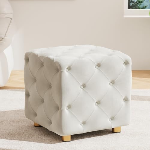 Hooseng Square Velvet Ottoman, Modern Entryway Upholstered Footrest Vanity Stool with Buttons Decoration, Gold Metal Legs Foot Stools for Living Room, Bedroom, Entrance, Dorm