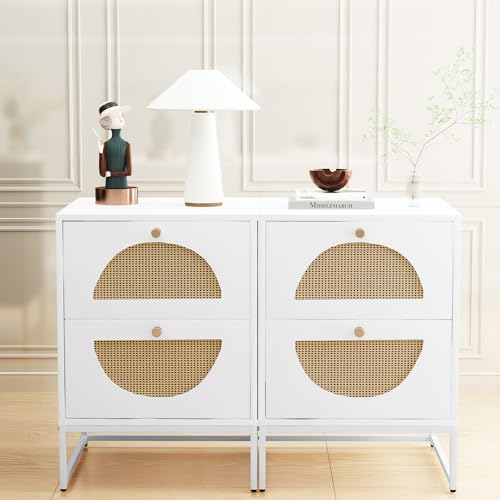 Lamerge Rattan Nightstand, Boho Bediside Table with 2 Storage Drawer, Cane Accent Bedside End Side Table with Metal Legs for Bedroom, Living Room and Small Spaces, White