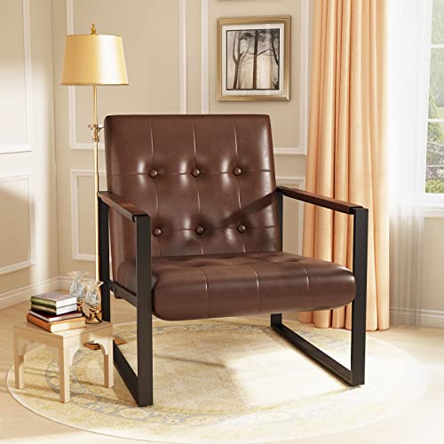 Hooseng PU Leather Accent Chair, Modern Mid Century Reading Chair with Extra-Thick Padded Backrest and Seat Cushion, Armchair Single Sofa Chair for Living Room Bedroom Reading Room, Black