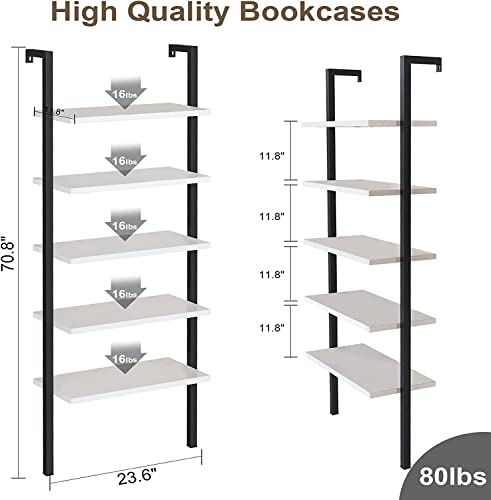 Hooseng Open Wall Mount Bookcase, Modern 5-Shelf Ladder Shelf w/Industrial Metal + Manufactured Wood Storage Organizer, Plant Display Rack, Stand Bookshelf for Home Office, Black