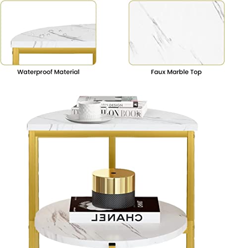 Lamerge White and Gold End Table, 3-Tier Faux Marble Side Table Small Round Coffee Table w/Metal Frame,Bedside Tables Nightstand for bedroom, Small Spaces