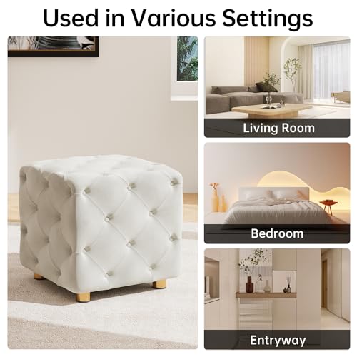 Hooseng Square Velvet Ottoman, Modern Entryway Upholstered Footrest Vanity Stool with Buttons Decoration, Gold Metal Legs Foot Stools for Living Room, Bedroom, Entrance, Dorm