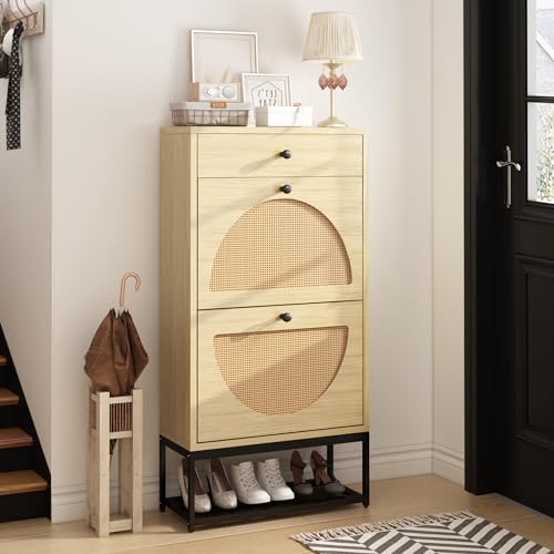 Lamerge Free Standing Shoe Racks Pack of 2, Entryway Organizer with 2 Natural Semi-Circular Rattan Flip Drawers, Hallway Faux Wooden Shoe Storage Cabinet with Bottom Rack for Living Room, Bedroom