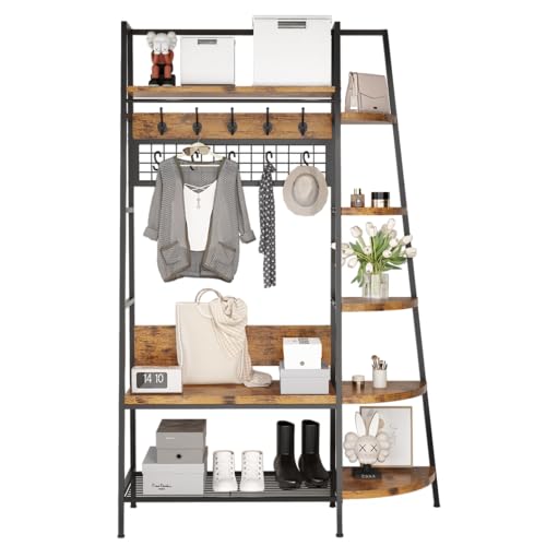 Lamerge Conner Coat Rack with Storage, Multifunctional Entryway Shelf Organizer with 12 Hooks & 4-tier Shelves, 72" Industrial Hall Tree Freestanding Clothes Rack for Living Room Bedroom, Brown