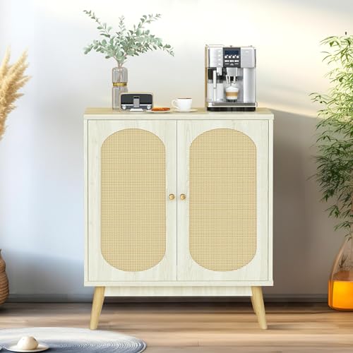 Lamerge Sideboard Set of 2,Rattan Storage Cabinet,2 Door Buffet Cupboard Accent Cabinet with Adjustable Shelves,Bookmatch,Boho Cabinet,Hallway Console Table,Kitchen Cabinet,Oak,2PIECE