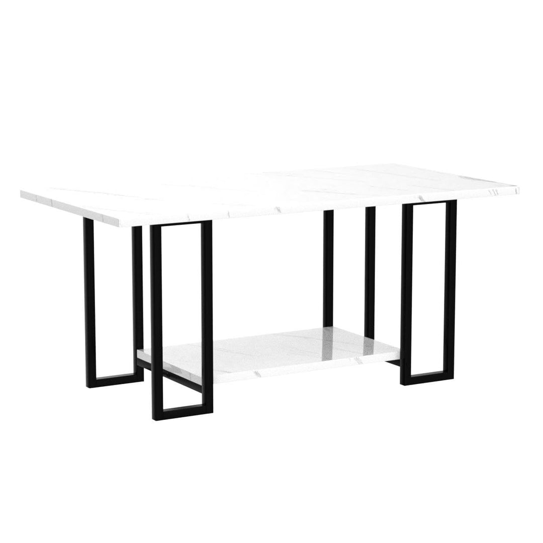 Lamerge Coffee Table, Modern Faux Marble Top Coffee Table with Metal Frame and Storage Shelf, 2-Tier Rectangle Accent Cocktail Table for Living Room, Office, White Black