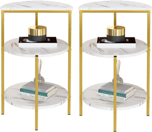 Lamerge White and Gold End Table, 3-Tier Faux Marble Side Table Small Round Coffee Table w/Metal Frame,Bedside Tables Nightstand for bedroom, Small Spaces