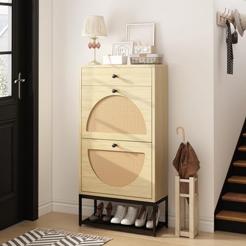 Lamerge Free Standing Shoe Racks Pack of 2, Entryway Organizer with 2 Natural Semi-Circular Rattan Flip Drawers, Hallway Faux Wooden Shoe Storage Cabinet with Bottom Rack for Living Room, Bedroom