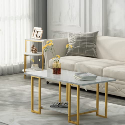 Hooseng Coffee Table Set of 3, Include Coffee Table & 2pcs Side Table, Living Room Table Sets with Faux Marble Tabletop and Metal Frame, Perfect for Apartment, Small Space