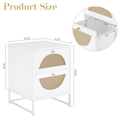 Lamerge Rattan Nightstand, Boho Bediside Table with 2 Storage Drawer, Cane Accent Bedside End Side Table with Metal Legs for Bedroom, Living Room and Small Spaces, White