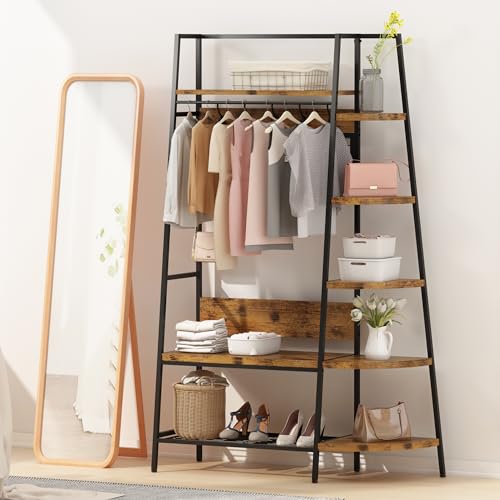 Lamerge Coat Rack Stand with Storage, Multifunctional Entryway Shelf Organizer with 10 Hooks and 6-tier Shelves, 72" Industrial Hall Tree Freestanding Clothes Rack for Bedroom Hallway Entryway