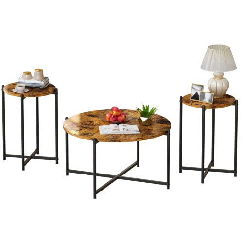 Lamerge Coffee Table Set of 3,Vintage Wood Look Coffee Table & 2 End Table,Round Tabletop and Metal Cross Base Frame,Industrial Living Room Table Set,Rustic Brown (LCTS-rb)