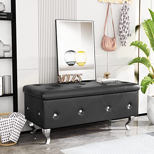 DKLGG Storage Bench for Bedroom, Upholstered Storage Ottoman Bench, Tufted Bed Bench with Safety Hinge, PU Leather End of Bed Storage Bench for Bedroom, Living Room, Entryway