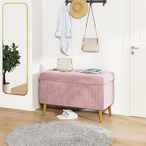 Lamerge Large Upholstered Velvet Storage Ottoman,End of Bed Bench,Flip Top Entryway Bench,Tufted Foot Rest Stool,Can Used as Tea Table,Vanity Bench,Livingroom Chair,47.24" W,Golden & Pink