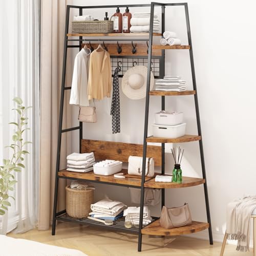 Lamerge Coat Rack Stand with Storage, Multifunctional Entryway Shelf Organizer with 10 Hooks and 6-tier Shelves, 72" Industrial Hall Tree Freestanding Clothes Rack for Bedroom Hallway Entryway