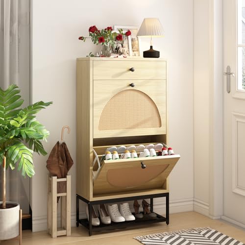 Lamerge Free Standing Shoe Racks Pack of 2, Entryway Organizer with 2 Natural Semi-Circular Rattan Flip Drawers, Hallway Faux Wooden Shoe Storage Cabinet with Bottom Rack for Living Room, Bedroom