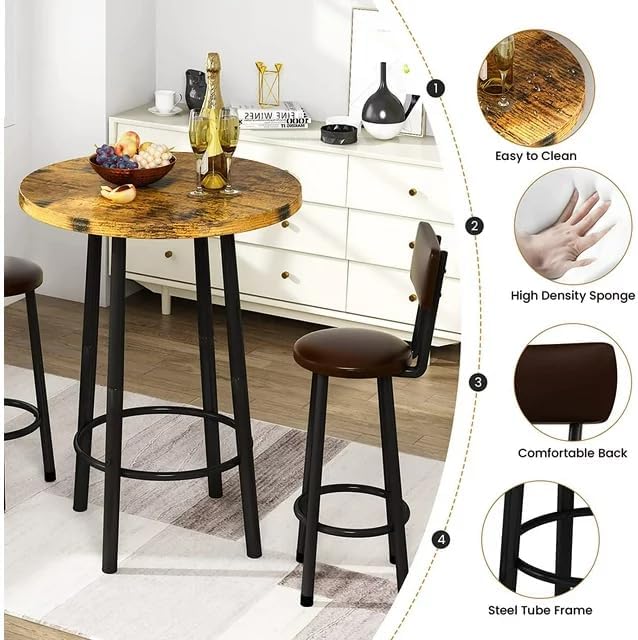 3 Piece Pub Dining Set Round Bar Table and Stools for 2 Hooseng