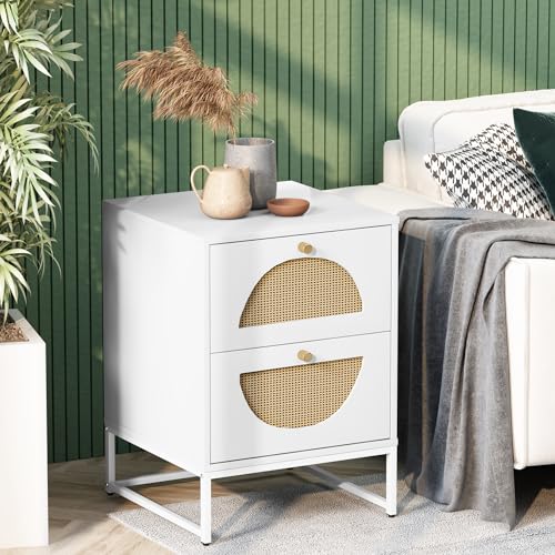 Lamerge Rattan Nightstand, Boho Bediside Table with 2 Storage Drawer, Cane Accent Bedside End Side Table with Metal Legs for Bedroom, Living Room and Small Spaces, White