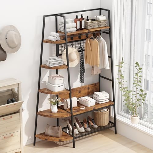 Lamerge Conner Coat Rack with Storage, Multifunctional Entryway Shelf Organizer with 12 Hooks & 4-tier Shelves, 72" Industrial Hall Tree Freestanding Clothes Rack for Living Room Bedroom, Brown