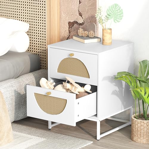 Lamerge Rattan Nightstand, Boho Bediside Table with 2 Storage Drawer, Cane Accent Bedside End Side Table with Metal Legs for Bedroom, Living Room and Small Spaces, White