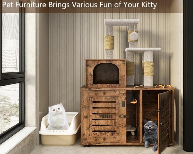 Lamerge Cat Litter Box Enclosure,Hidden Kitty Washroom,Multifuctional Enlarged Cat Litter Cabinet Cat House with Cat Tree Tower Scratching Post,Removable Divider,Rustic Brown