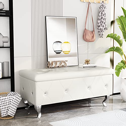 DKLGG Storage Bench for Bedroom, Upholstered Storage Ottoman Bench, Tufted Bed Bench with Safety Hinge, PU Leather End of Bed Storage Bench for Bedroom, Living Room, Entryway