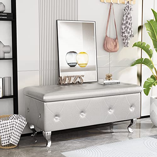 DKLGG Storage Bench for Bedroom, Upholstered Storage Ottoman Bench, Tufted Bed Bench with Safety Hinge, PU Leather End of Bed Storage Bench for Bedroom, Living Room, Entryway