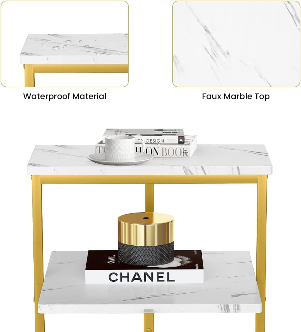 Lamerge White and Gold End Table, 3-Tier Faux Marble Side Table Small Round Coffee Table w/Metal Frame,Bedside Tables Nightstand for bedroom, Small Spaces