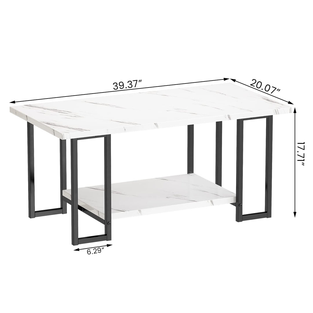 Lamerge Coffee Table, Modern Faux Marble Top Coffee Table with Metal Frame and Storage Shelf, 2-Tier Rectangle Accent Cocktail Table for Living Room, Office, White Black