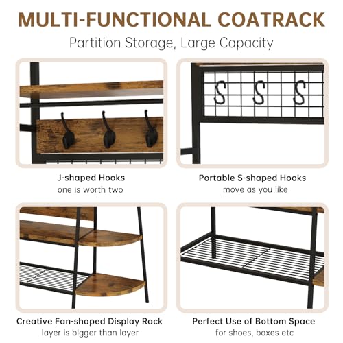 Lamerge Coat Rack Stand with Storage, Multifunctional Entryway Shelf Organizer with 10 Hooks and 6-tier Shelves, 72" Industrial Hall Tree Freestanding Clothes Rack for Bedroom Hallway Entryway