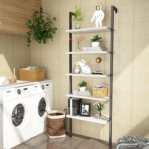 Hooseng Open Wall Mount Bookcase, Modern 5-Shelf Ladder Shelf w/Industrial Metal + Manufactured Wood Storage Organizer, Plant Display Rack, Stand Bookshelf for Home Office, Black