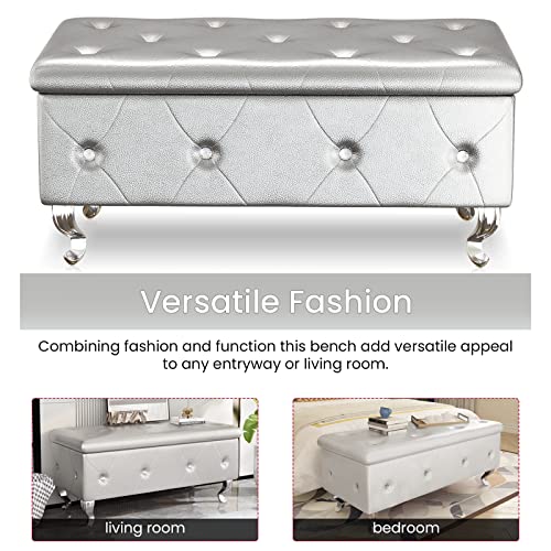 DKLGG Storage Bench for Bedroom, Upholstered Storage Ottoman Bench, Tufted Bed Bench with Safety Hinge, PU Leather End of Bed Storage Bench for Bedroom, Living Room, Entryway