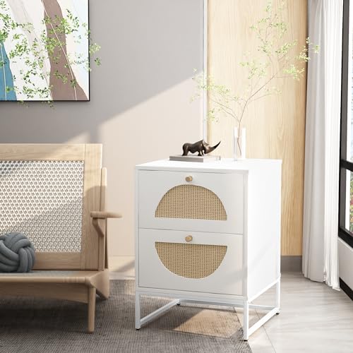 Lamerge Rattan Nightstand, Boho Bediside Table with 2 Storage Drawer, Cane Accent Bedside End Side Table with Metal Legs for Bedroom, Living Room and Small Spaces, White