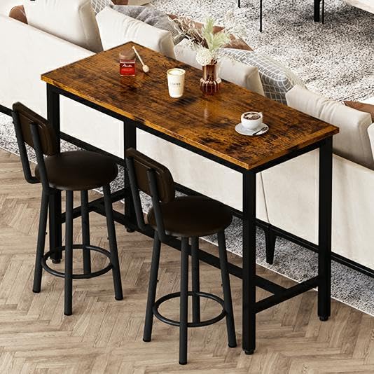 Lamerge Industrial Pub Height Table with 2 PU Upholstered Stools,3-Piece Kitchen Table and Chairs,Suit for Dining Room & Living Room & Breakfast Nook & Bistro,Bar Table Set for 2,Brown & Black,47.2"