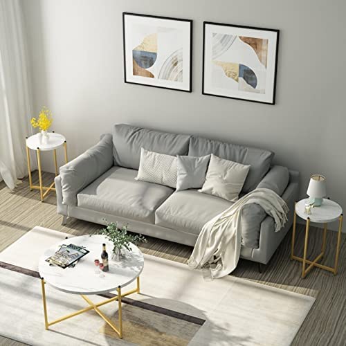 Hooseng Coffee Table Set of 3, Include Coffee Table & 2pcs Side Table, Living Room Table Sets with Faux Marble Tabletop and Metal Frame, Perfect for Apartment, Small Space