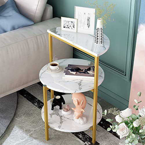 Lamerge White and Gold End Table, 3-Tier Faux Marble Side Table Small Round Coffee Table w/Metal Frame,Bedside Tables Nightstand for bedroom, Small Spaces