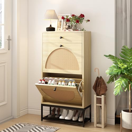 Lamerge Free Standing Shoe Racks Pack of 2, Entryway Organizer with 2 Natural Semi-Circular Rattan Flip Drawers, Hallway Faux Wooden Shoe Storage Cabinet with Bottom Rack for Living Room, Bedroom