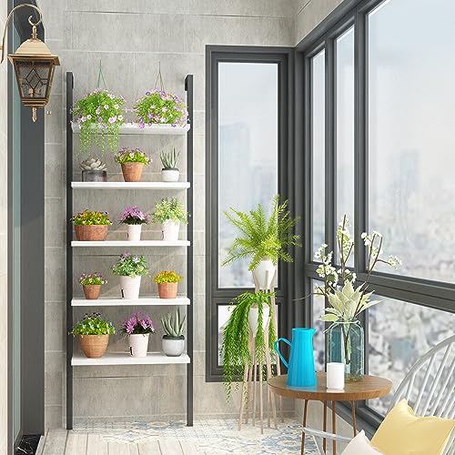 Hooseng Open Wall Mount Bookcase, Modern 5-Shelf Ladder Shelf w/Industrial Metal + Manufactured Wood Storage Organizer, Plant Display Rack, Stand Bookshelf for Home Office, Black