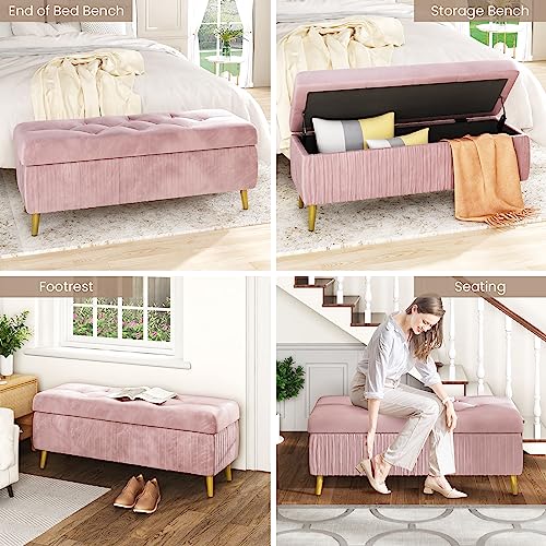 Lamerge Large Upholstered Velvet Storage Ottoman,End of Bed Bench,Flip Top Entryway Bench,Tufted Foot Rest Stool,Can Used as Tea Table,Vanity Bench,Livingroom Chair,47.24" W,Golden & Pink