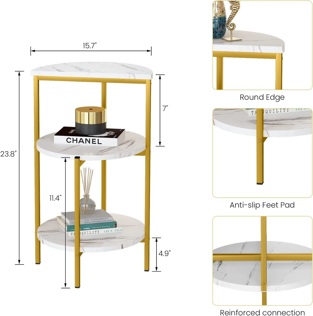 Lamerge White and Gold End Table, 3-Tier Faux Marble Side Table Small Round Coffee Table w/Metal Frame,Bedside Tables Nightstand for bedroom, Small Spaces