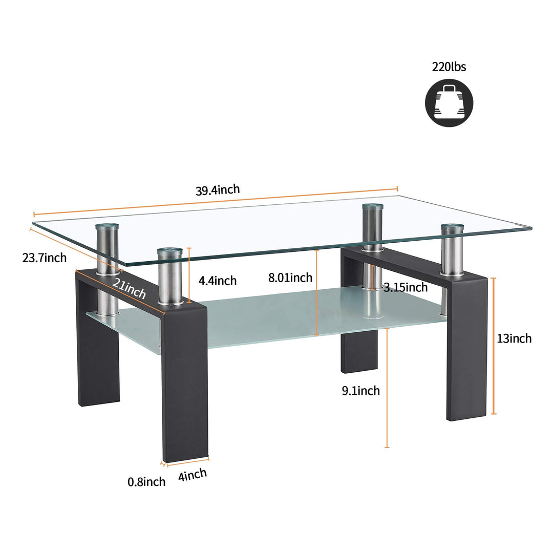 Lamerge Glass Coffee Table, Rectangular Coffee Table with Metal Legs &Storage Shelf,Modern Center Table for Living Room,2-Tier Glass Top Table Waiting Area Table,Black