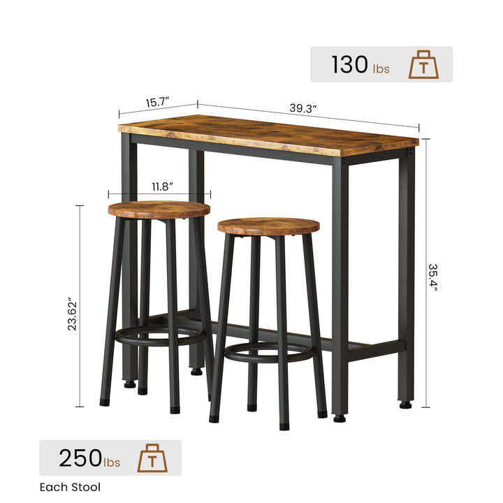 Lamerge Industrial Pub Height Table with 2 PU Upholstered Stools,3-Piece Kitchen Table and Chairs,Suit for Dining Room & Living Room & Breakfast Nook & Bistro,Bar Table Set for 2,Brown & Black,39.3"