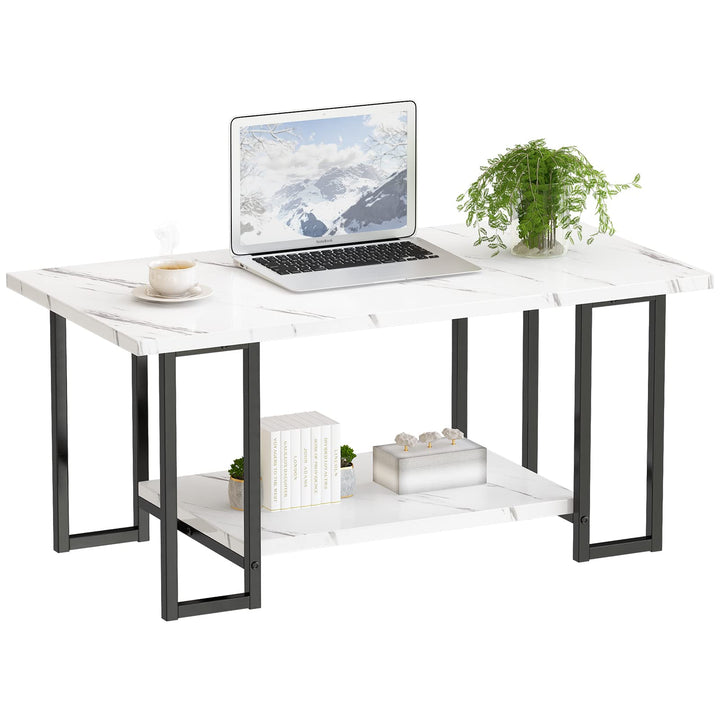 Lamerge Coffee Table, Modern Faux Marble Top Coffee Table with Metal Frame and Storage Shelf, 2-Tier Rectangle Accent Cocktail Table for Living Room, Office, White Black