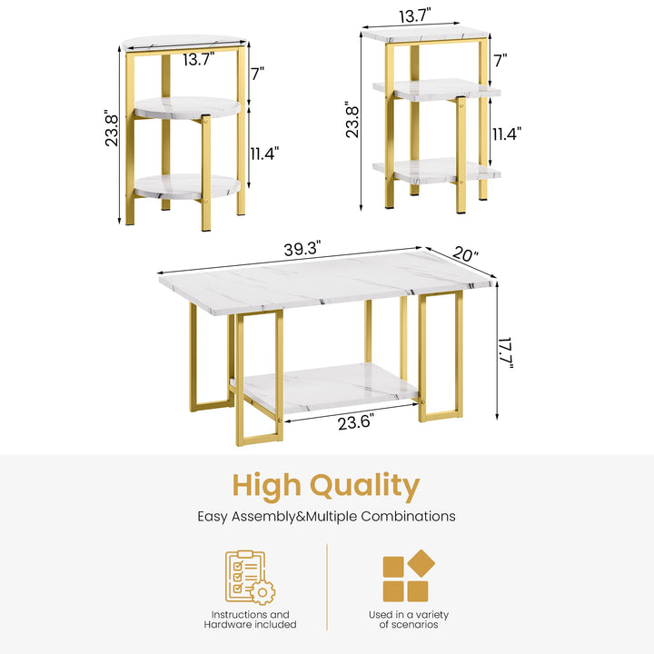 Lamerge Coffee Table Set of 3,Rectangle Coffee Table&2 Accent Table,Faux Marble Tabletop,3 Piece Living Room Table Sets with Multi Tier Storage, for Small Space, Apartment,White & Black