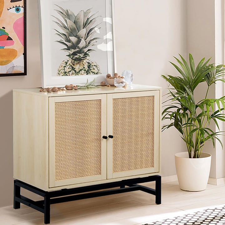 Lamerge Sideboard Buffet Cabinet, Rattan Kitchen Storage Cabinet with 2 Doors,Cupboard Console Table with Adjustable Shelves,Accent Cabinet for Dining Room, Bedroom, Hallway,Natural (W68837258)