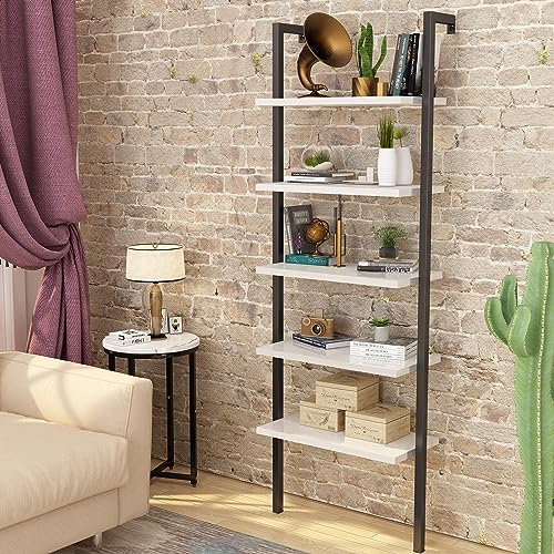 Hooseng Open Wall Mount Bookcase, Modern 5-Shelf Ladder Shelf w/Industrial Metal + Manufactured Wood Storage Organizer, Plant Display Rack, Stand Bookshelf for Home Office, Black